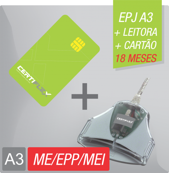 Certificado Digital para Pessoa Jurídica A3 de 18 meses em cartão + leitora para ME/EPP/MEI (e-PJ A3)